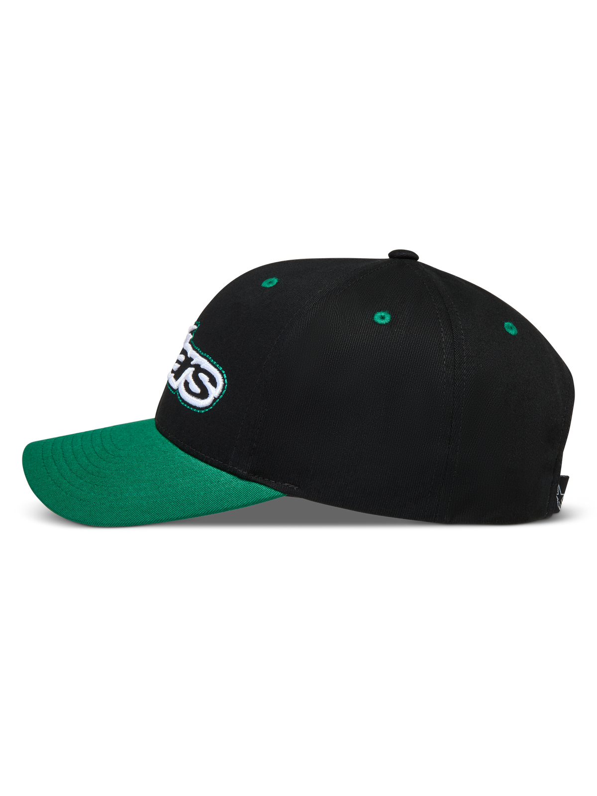 Alpinestars Retro Snapback, czarno-zielona czapka z daszkiem, profil boczny z zakrzywionym daszkiem i logo Astars.
