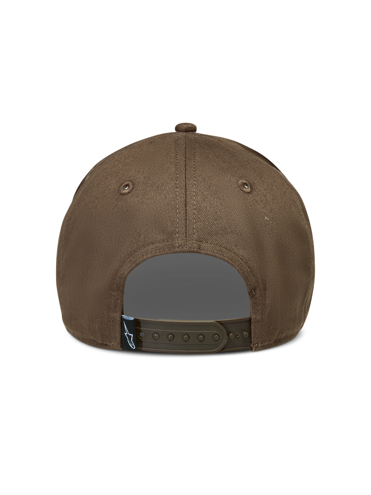 Alpinestars Acme Snapback, brązowa czapka z daszkiem, widok z tyłu z regulowanym zapięciem i metką z logo Astars.