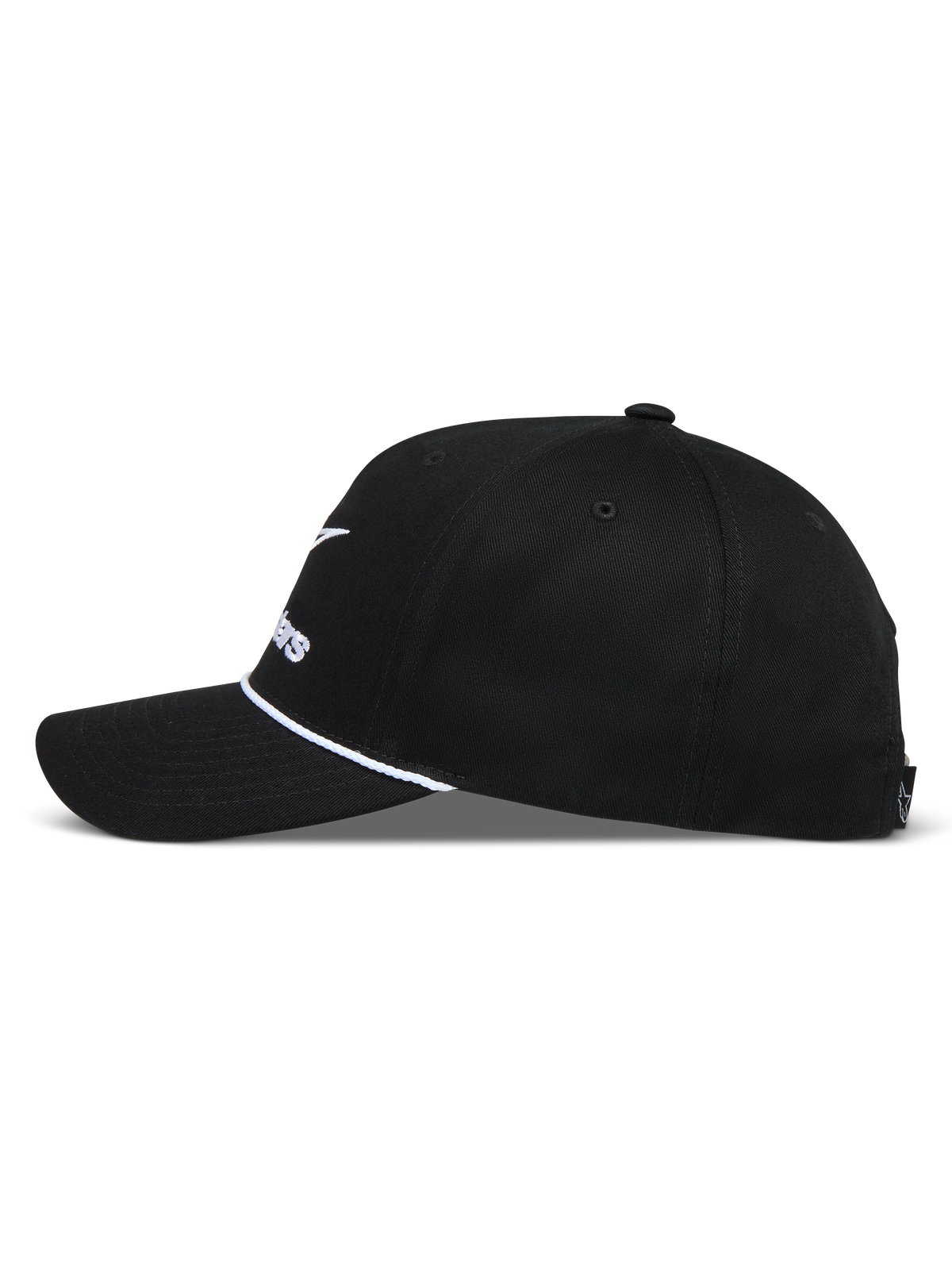 Alpinestars Combo Logo Snapback Hat, black sportswear cap with a curved bill, white rope detail, and structured crown.