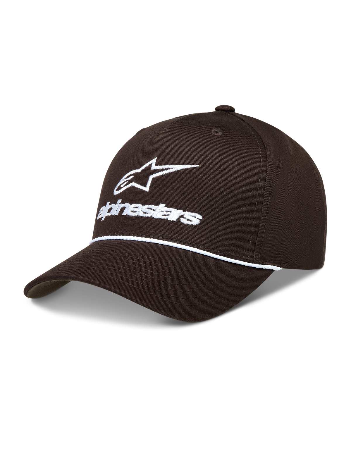 Alpinestars Combo Logo Snapback, brązowa czapka z daszkiem z białym haftowanym logo, ozdobnym sznurkiem i usztywnioną koroną.