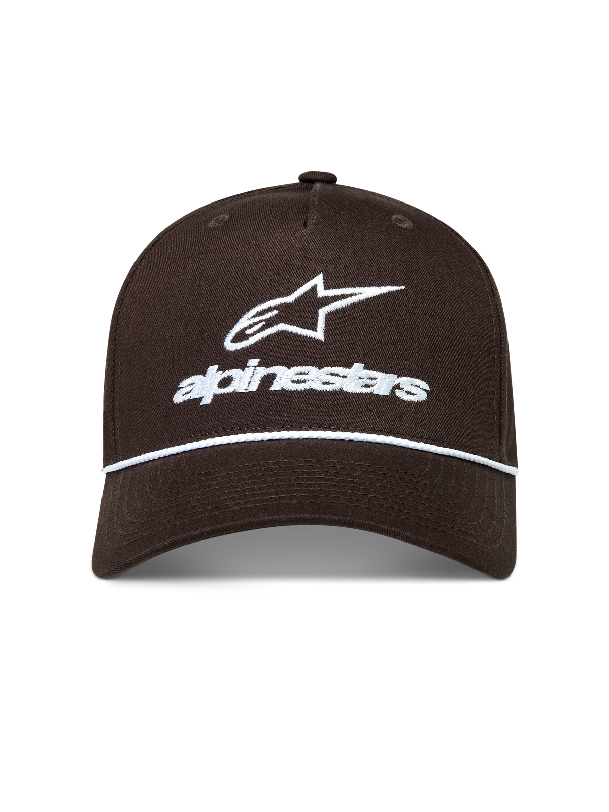 Alpinestars Combo Logo Snapback, brązowa czapka sportowa z białym haftowanym logo i ozdobnym sznurkiem na daszku.