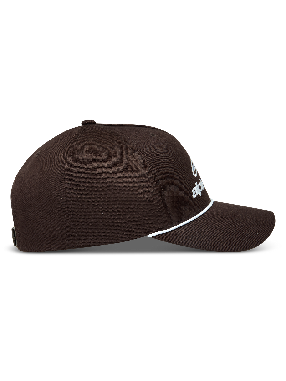 Alpinestars Combo Logo Snapback Kapelusz, brązowa czapka z daszkiem, białe haftowane logo i biały ozdobny sznurek.
