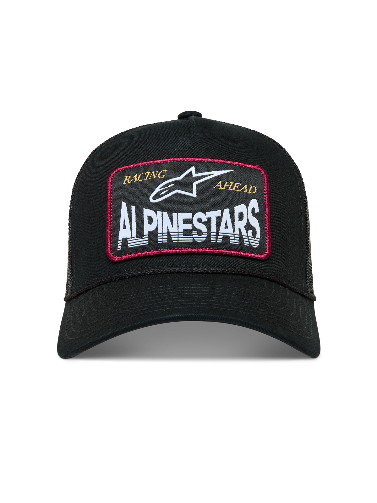 Alpinestars Hemmings Trucker, czarna czapka z daszkiem, biała naszywka z logo i czerwonymi akcentami, oddychający siatkowy tył, styl sportswear.