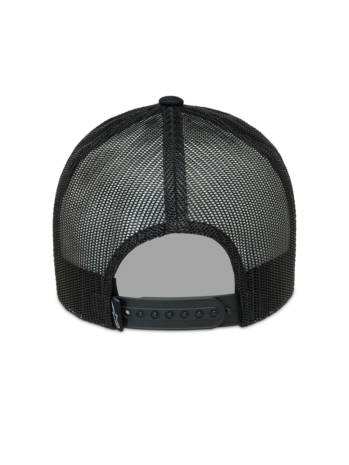 Alpinestars Hemmings Trucker, czarna czapka z daszkiem, widok z tyłu na siatkowe panele i regulowane zapięcie snap back.