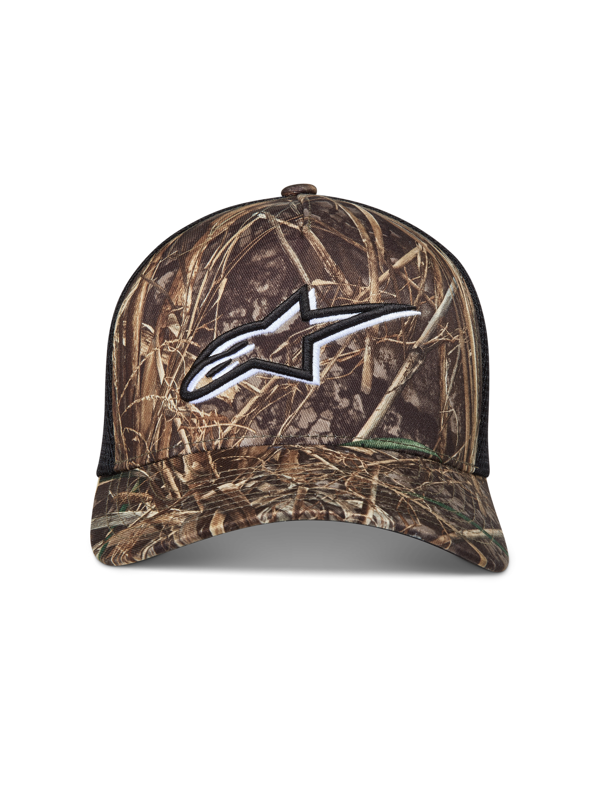 Alpinestars Thicket Realtree Trucker, czapka z daszkiem moro i czarna, białe haftowane logo Astars, tył z siatki.