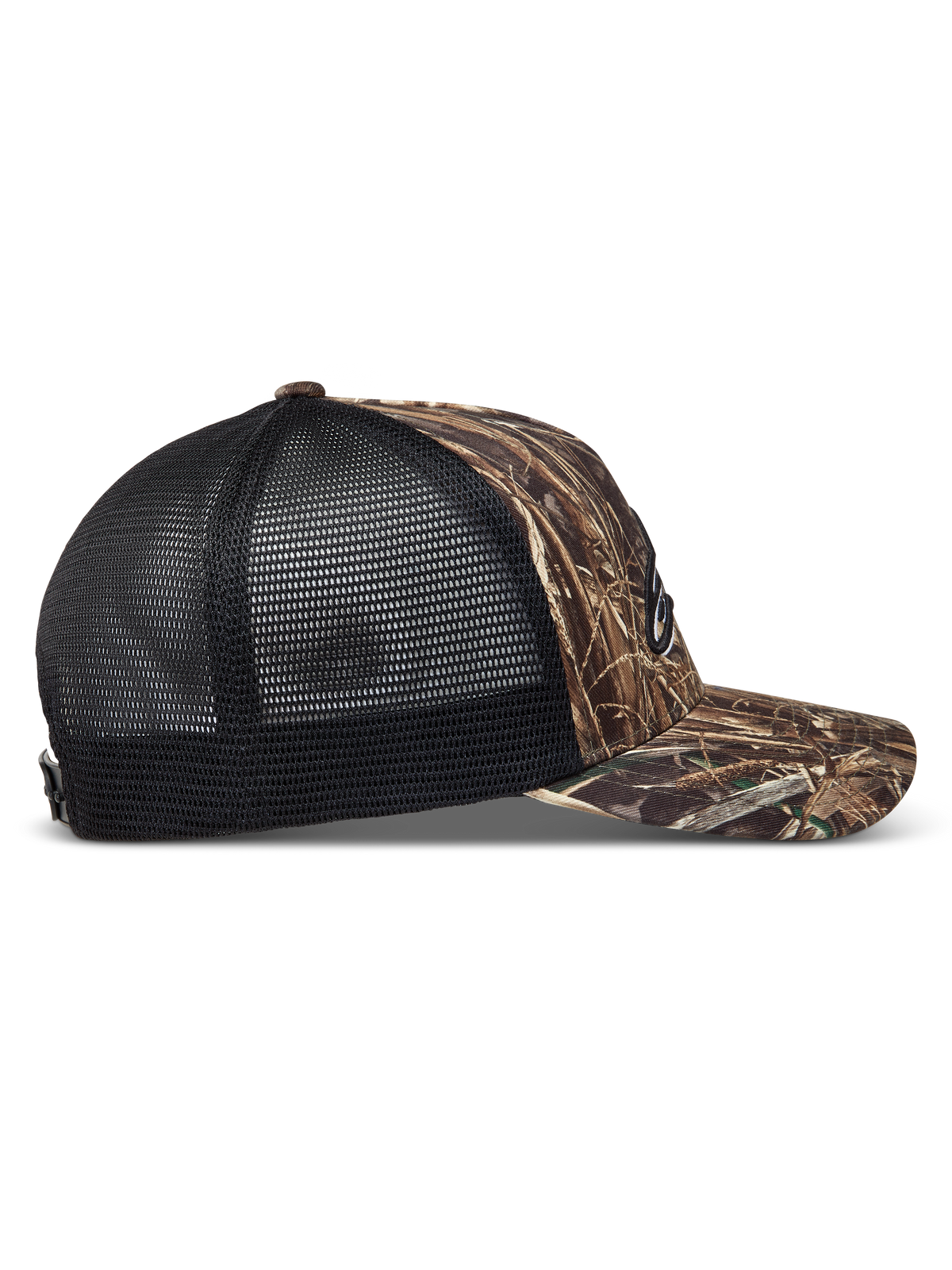 Alpinestars Thicket Realtree Trucker, czarna czapka z daszkiem camo, zakrzywiony daszek, oddychająca siateczka, widok z boku.