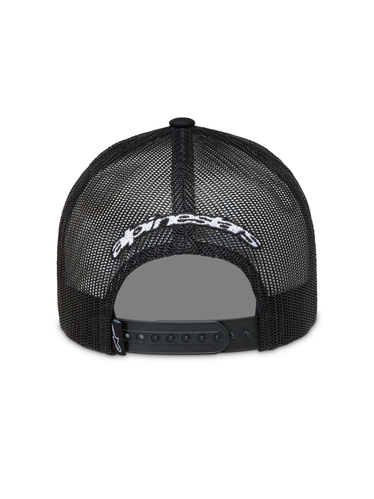 Alpinestars Meteorite Trucker, czarna czapka z daszkiem, siatkowy tył z białym logo i regulowanym zapięciem snapback.