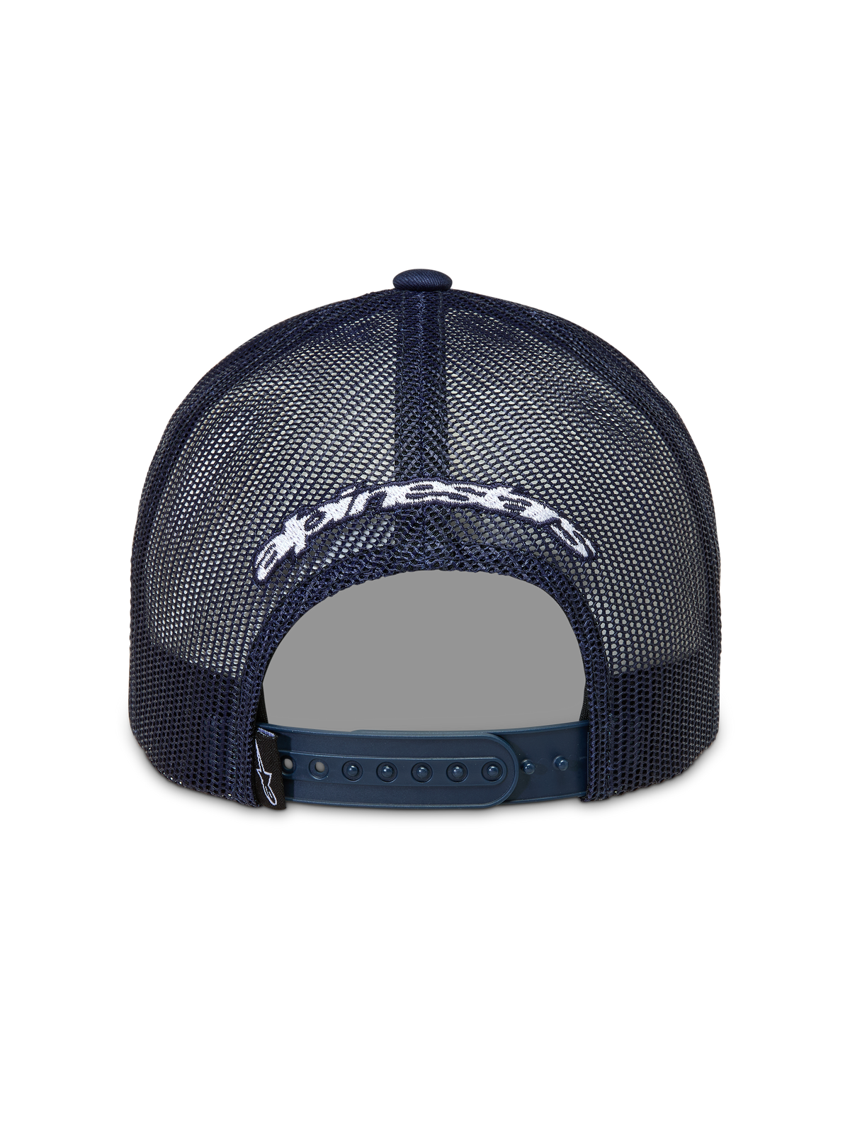 Alpinestars Meteorite Trucker, granatowa czapka z daszkiem, tył z siateczki, białe haftowane logo i zapięcie snapback.