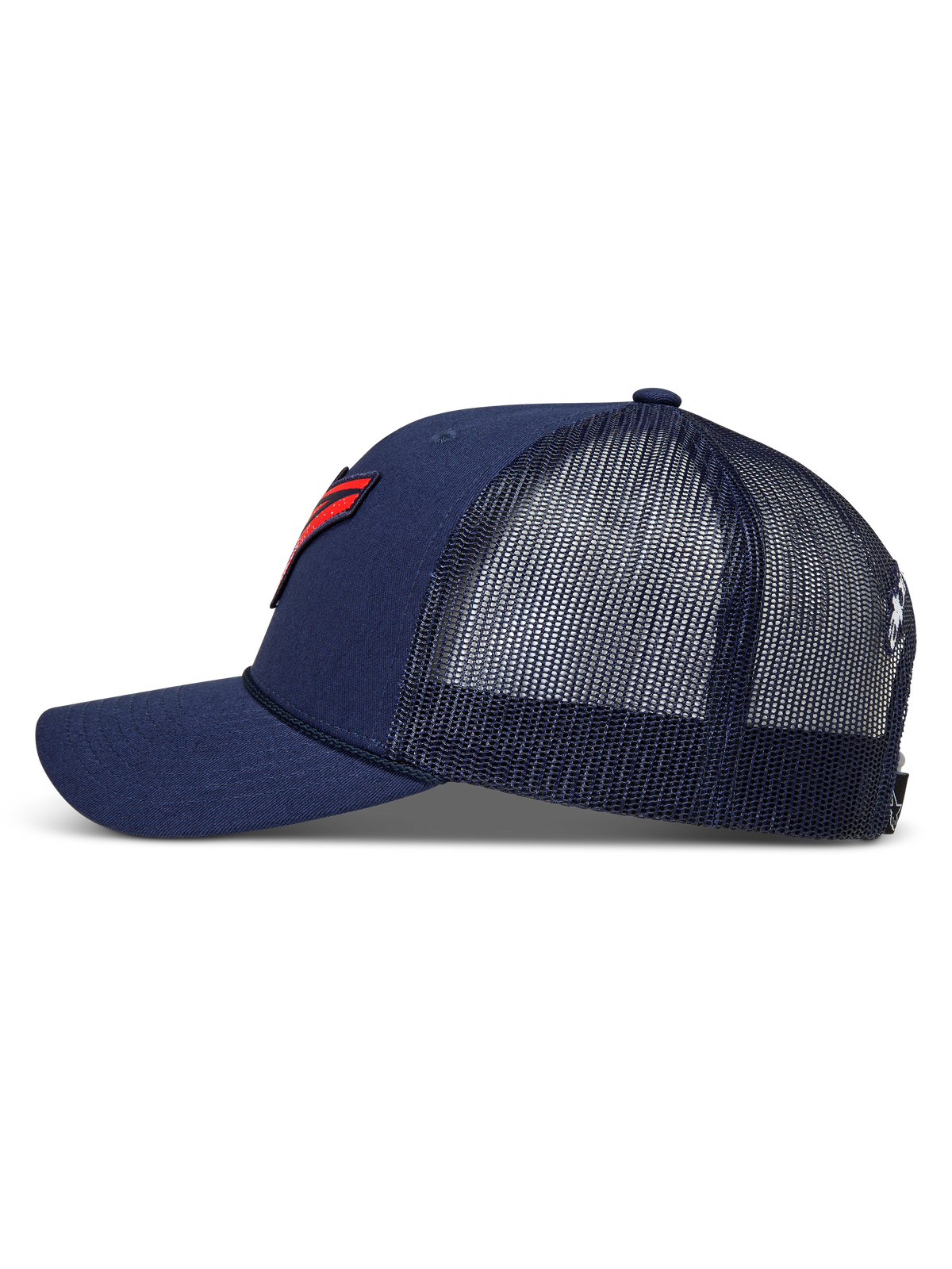 Alpinestars Meteorite Trucker, granatowa czapka z daszkiem z siateczką i czerwonym logo z teksturą żwiru.