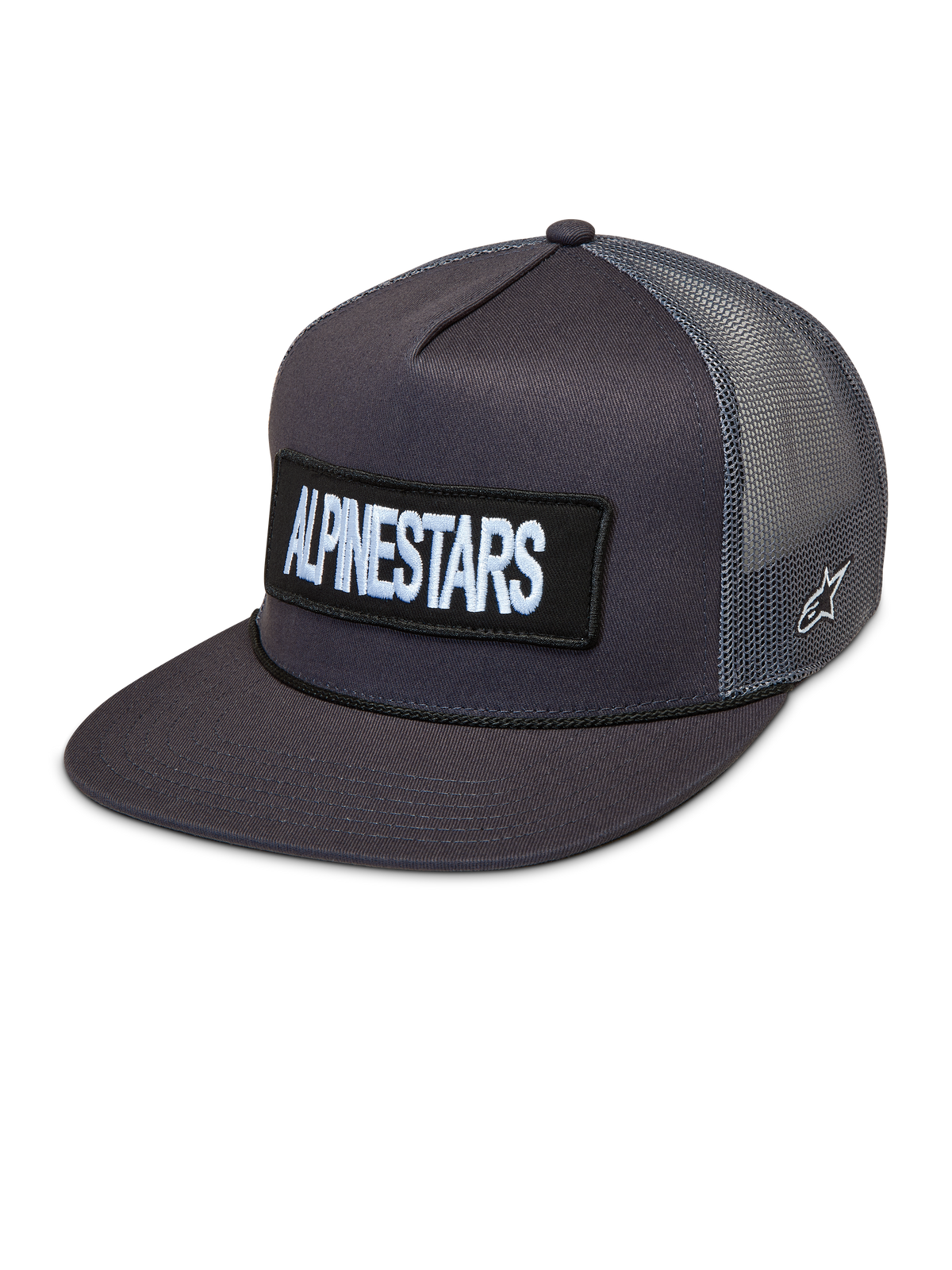 Alpinestars Ten Trucker, ciemnoszara czapka z daszkiem, płaski daszek, naszywka z haftowanym logo, oddychający tył z siateczki