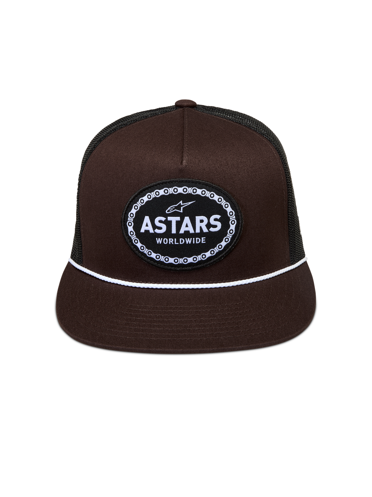 Alpinestars Hotlink Trucker, brązowa i czarna czapka z daszkiem, biały sznurek i logo Astars z obramowaniem łańcucha.