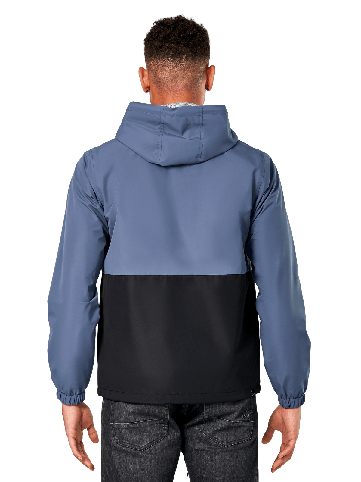 Alpinestars Speeder Windbreaker Jacket, back view of man wearing two-tone slate blue and black jacket, blocked body design, hooded, lightweight casual sportswear with elastic cuffs