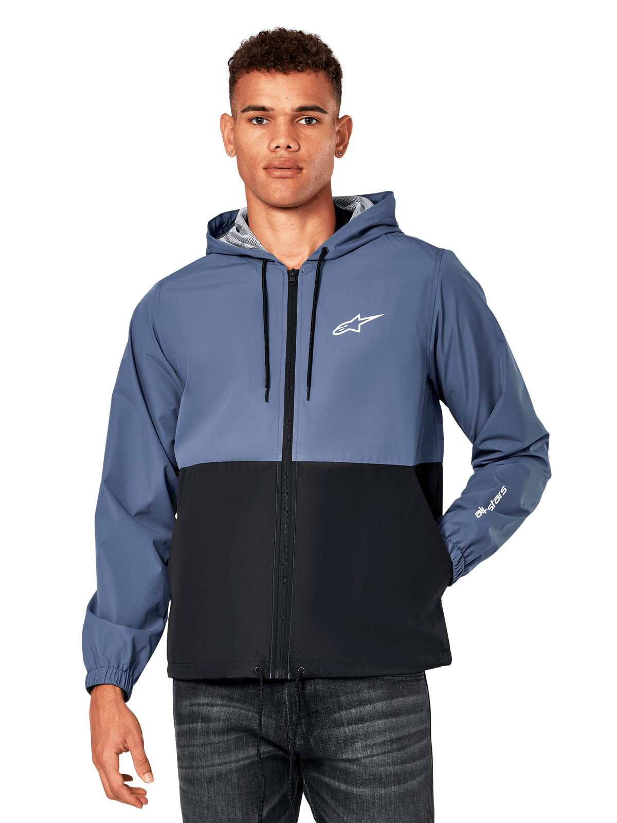 Alpinestars Speeder Windbreaker Jacket, casual hooded windbreaker, Slate Blue and Black color-blocked design, white Astar logo on chest and sleeve branding, front zipper with drawstring hood, lightweight mesh lining