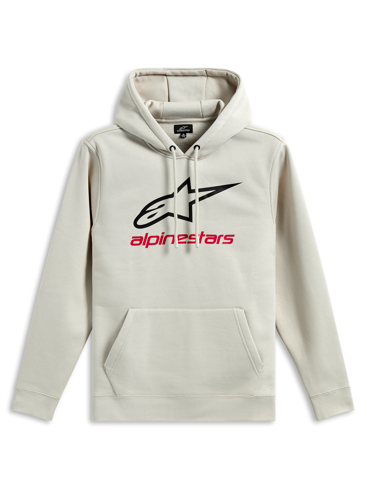 Alpinestars Always V3 Hoodie, polarowa bluza z kapturem, złamana biel, czarne logo z gwiazdą i czerwony napis Alpinestars na piersi, kieszeń typu kangurka, kaptur ze sznurkiem, codzienna odzież sportowa inspirowana motorsportem