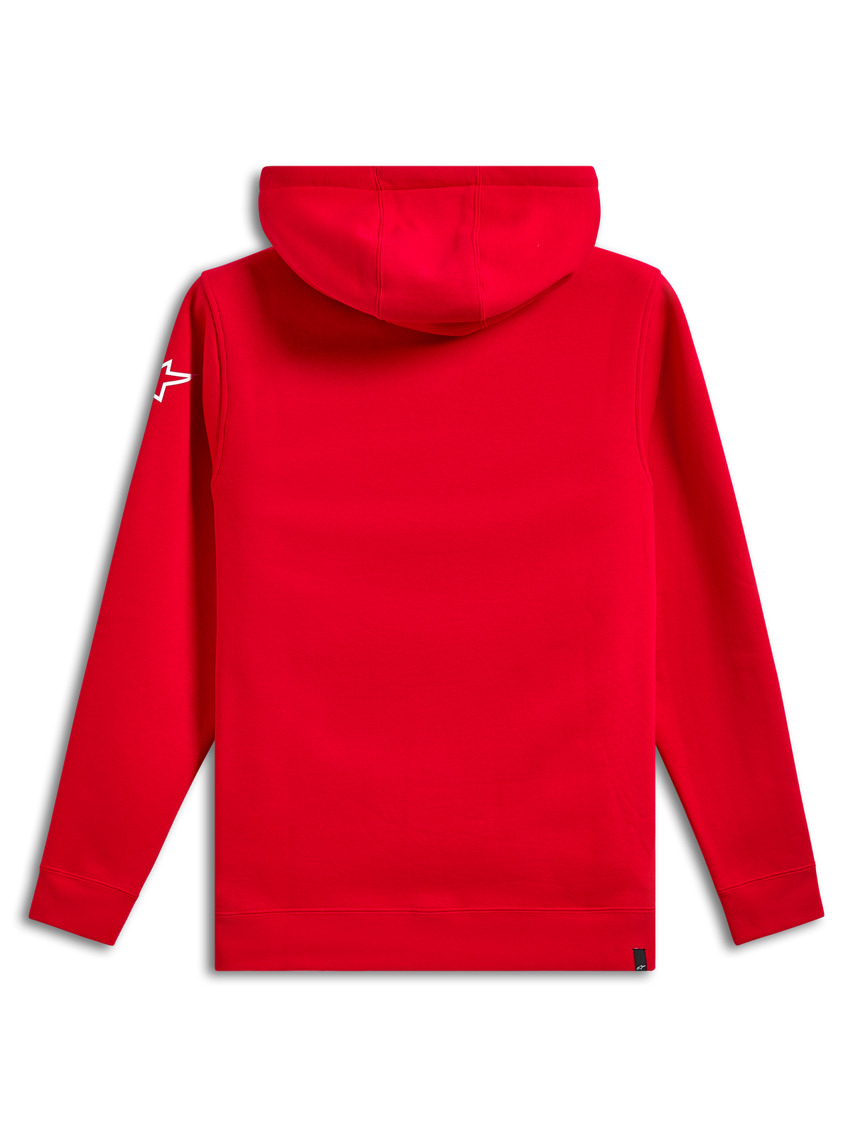 Alpinestars Linear Wordmark V3 Hoodie, back view, solid red, white Ageless star logo on the sleeve, hooded fleece pullover with ribbed cuffs and hem, casual motorsport streetwear