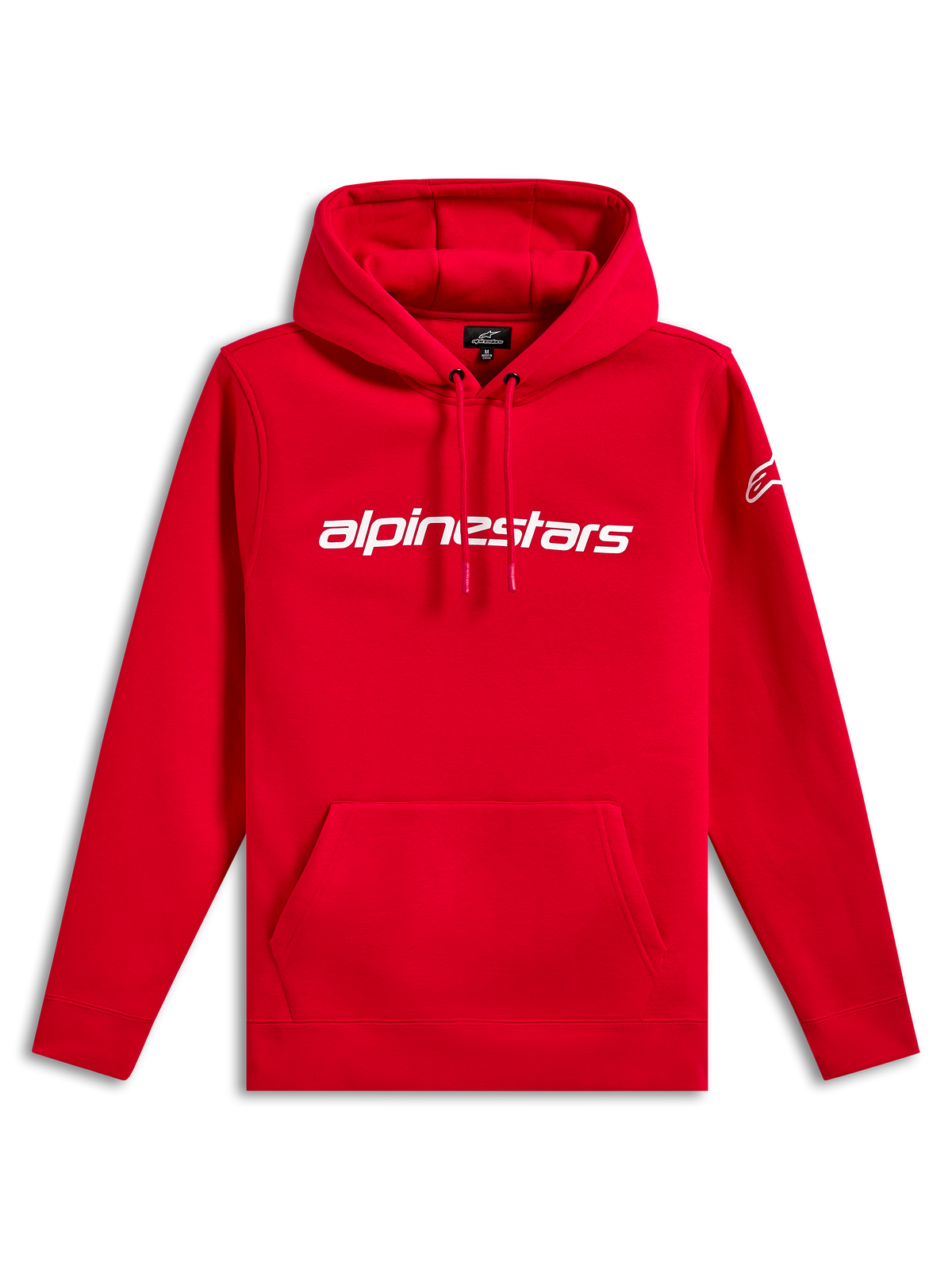 Alpinestars Linear Wordmark V3 Hoodie, casual streetwear, red with white Alpinestars wordmark on chest, white Ageless logo on sleeve, drawstring hood, kangaroo pocket, ribbed cuffs and hem