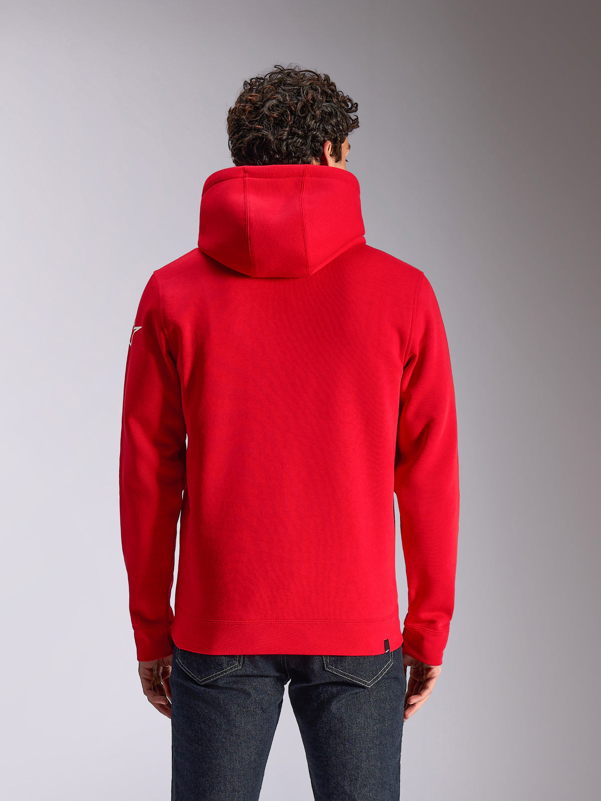 Alpinestars Linear Wordmark V3 Hoodie, rear view of a red hooded pullover fleece, featuring a white Ageless logo on the sleeve, ribbed cuffs and hem, casual motorsport-inspired streetwear