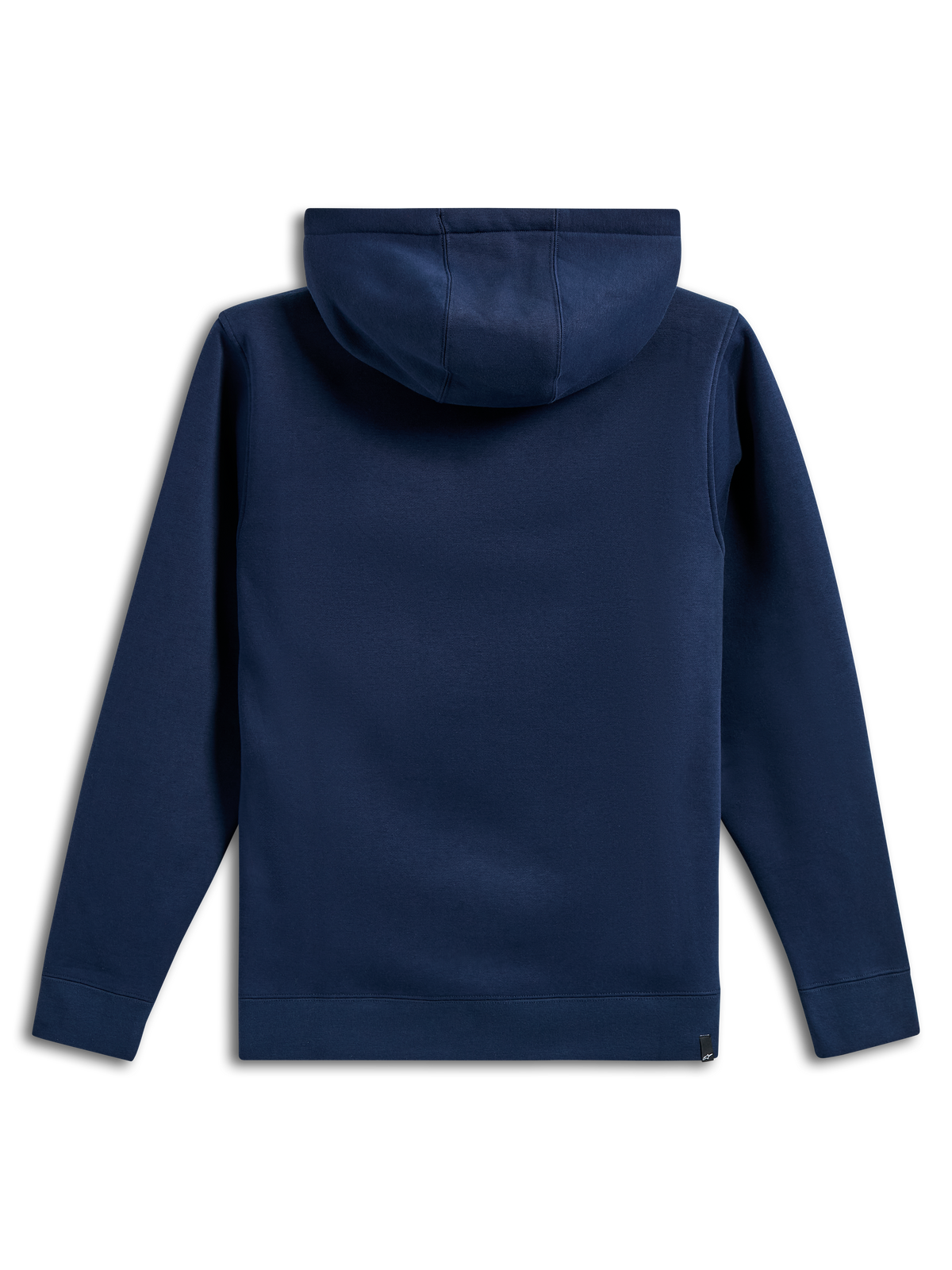 Alpinestars Ride V3 Hoodie, widok z tyłu granatowej polarowej bluzy z kapturem, jednolity kolor, ściągacze na mankietach i dole, kaptur z dżersejową podszewką, codzienna odzież sportowa inspirowana sportami motorowymi
