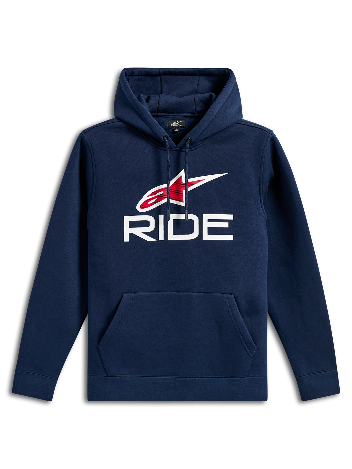 Alpinestars Ride V3 Hoodie, granatowa bluza z kapturem z polaru, białe logo RIDE i czerwone logo gwiazdy Alpinestars na piersi, kaptur ze sznurkiem, przednia kieszeń typu kangurka, długie rękawy i prążkowane ściągacze