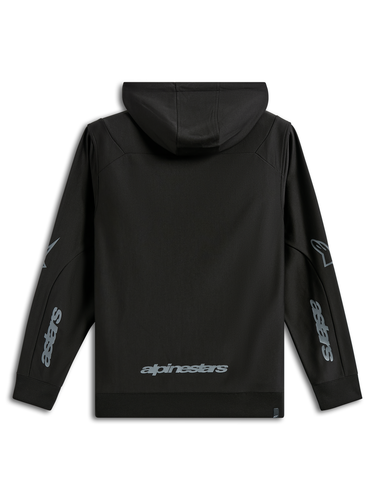 Alpinestars Sessions V3 Hoodie, sportowa odzież codzienna, czarna z szarymi logotypami, widok z tyłu z napisem Alpinestars w dolnej części pleców i grafikami Astars na rękawach, bluza z polaru z kapturem i ściągaczami, nowoczesny design inspirowany sportami motorowymi