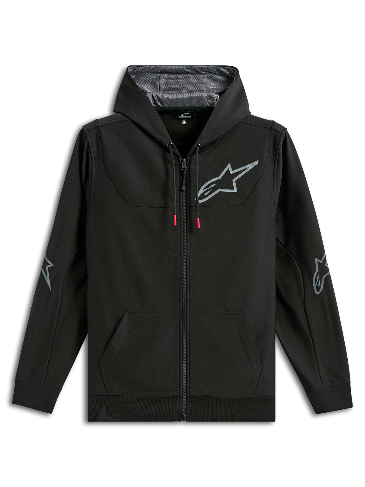 Alpinestars Sessions V3 Hoodie, czarna bluza z polaru zapinana na zamek, szare logo gwiazdy Alpinestars na piersi i łokciach, sznurki z czerwonymi końcówkami, kaptur z podszewką z siateczki, codzienna odzież streetwearowa w stylu motorsport