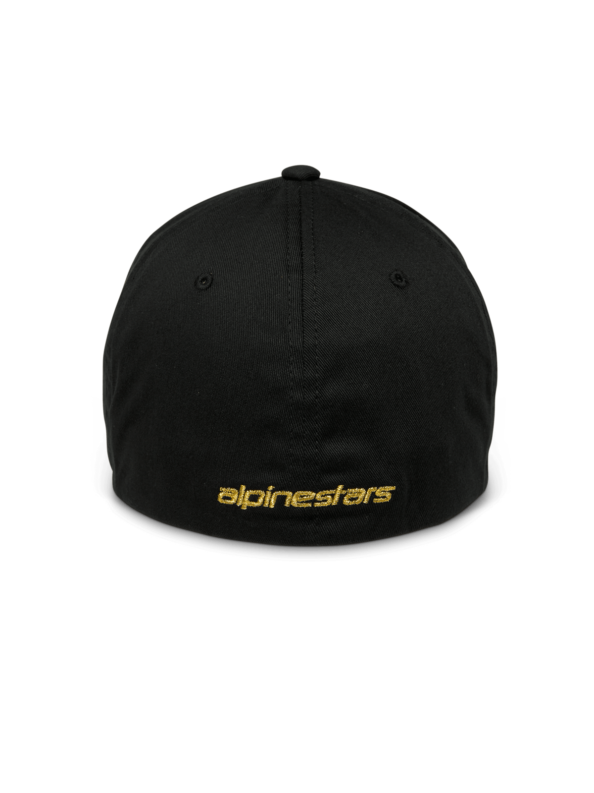 Alpinestars Gild Hat, czarna sportowa czapka z daszkiem, widok z tyłu ze złotym metalicznym płaskim haftem Alpinestars, zamknięta elastyczna konstrukcja typu flex back, usztywniona korona, codzienne nakrycie głowy inspirowane sportami motorowymi