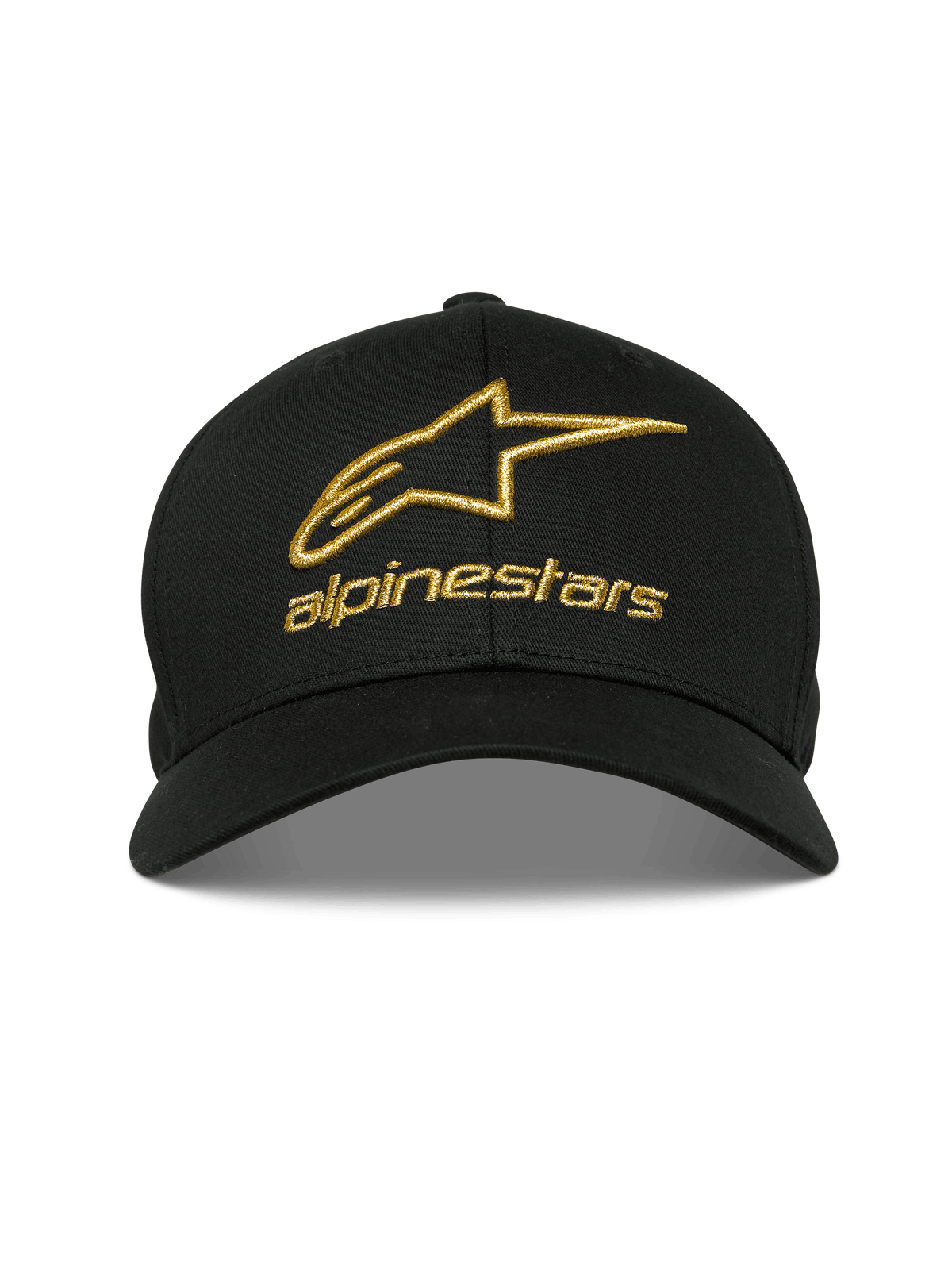 Alpinestars Gild Hat, czarna czapka z daszkiem, złoty metaliczny haft 3D z logo Alpinestars, zakrzywiony daszek i usztywniona korona, codzienna odzież sportowa typu motorsport