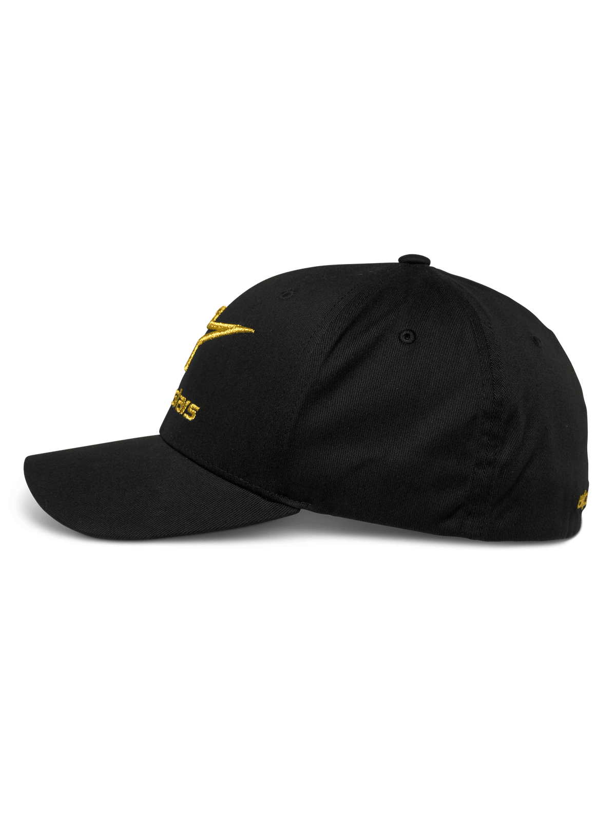 Alpinestars Gild Hat, widok z boku czarnej czapki z zakrzywionym daszkiem, złote metaliczne hafty 3D z przodu i z boku, strukturalna korona i elastyczny materiał o splocie diagonalnym, codzienna odzież motorsportowa.