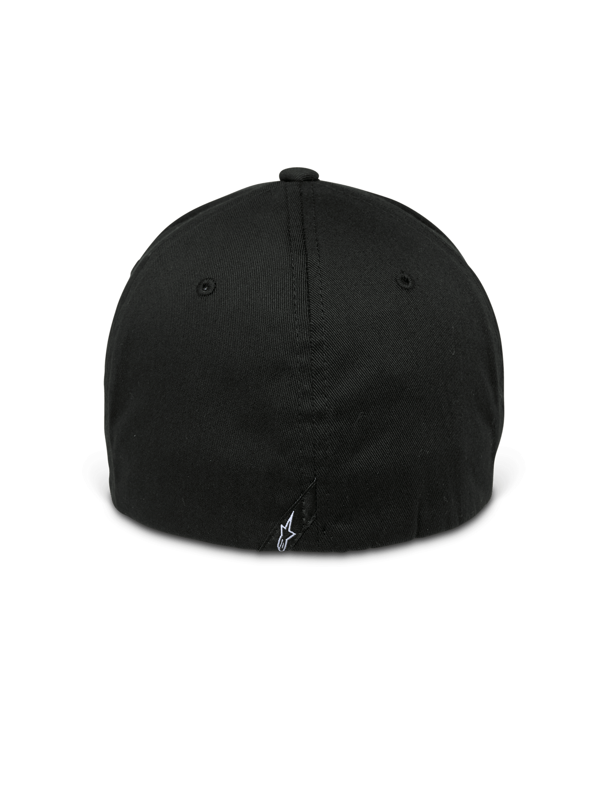 Alpinestars Arcstars Hat, Black, back view of a flex-back baseball cap, featuring a small white Astars logo on a back label, structured crown with tonal eyelets, casual motorsport-inspired headwear