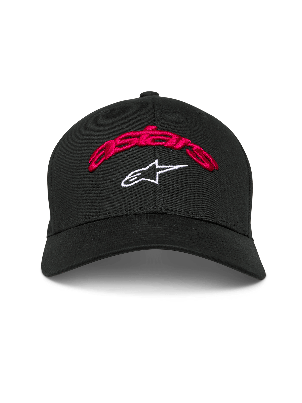 Alpinestars Arcstars Hat, Black Baseball Cap, Red 3D Embroidered astars script and White Star logo, Curved Bill, Structured Crown, Casual Motorsport Headwear