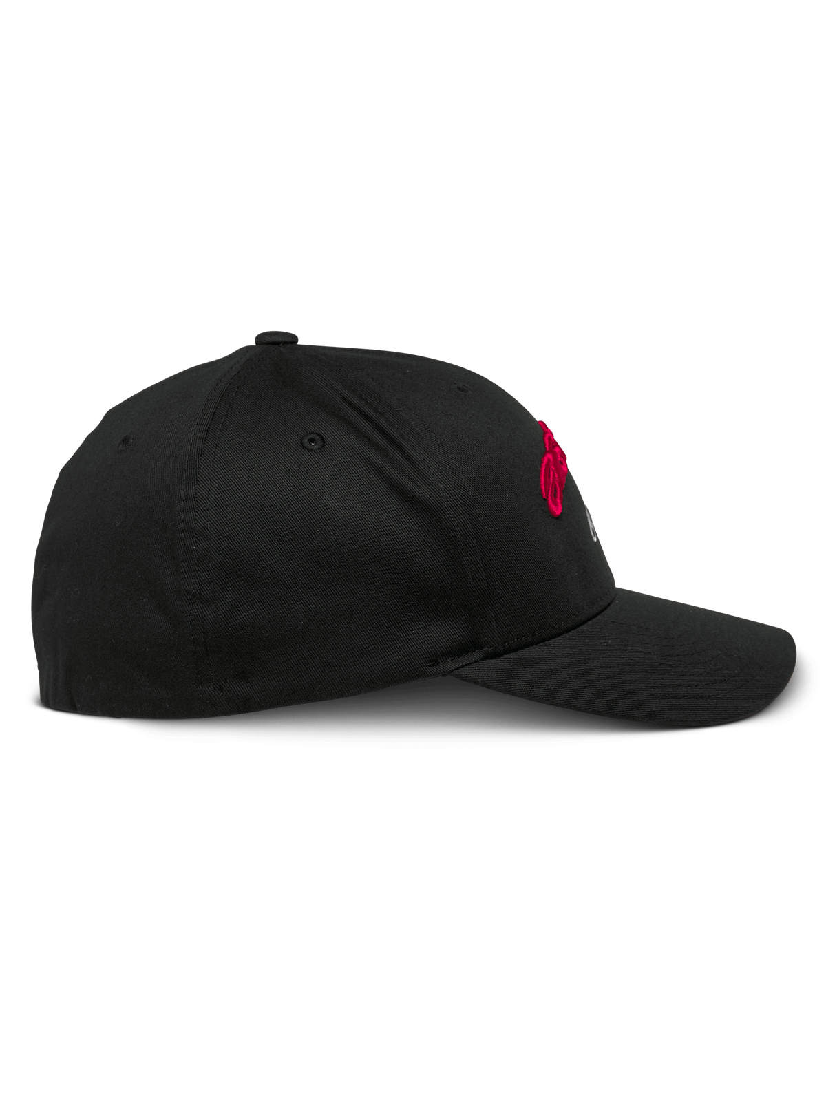 Alpinestars Arcstars Hat, Black Baseball Cap, side profile view, curved bill with structured crown, stretch twill fabric, red and white embroidery detailing, casual motorsport-inspired headwear