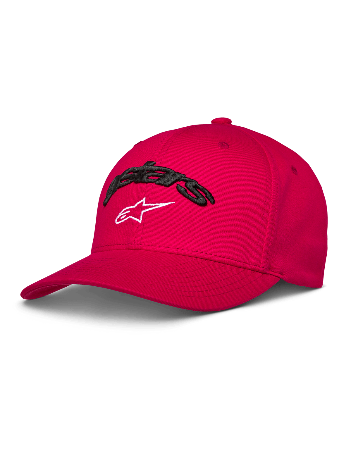 Alpinestars Arcstars Hat, czerwona czapka bejsbolowa, zakrzywiony daszek i strukturalna korona, czarny haft 3D Astars z białym logo gwiazdy, codzienna odzież motorsportowa