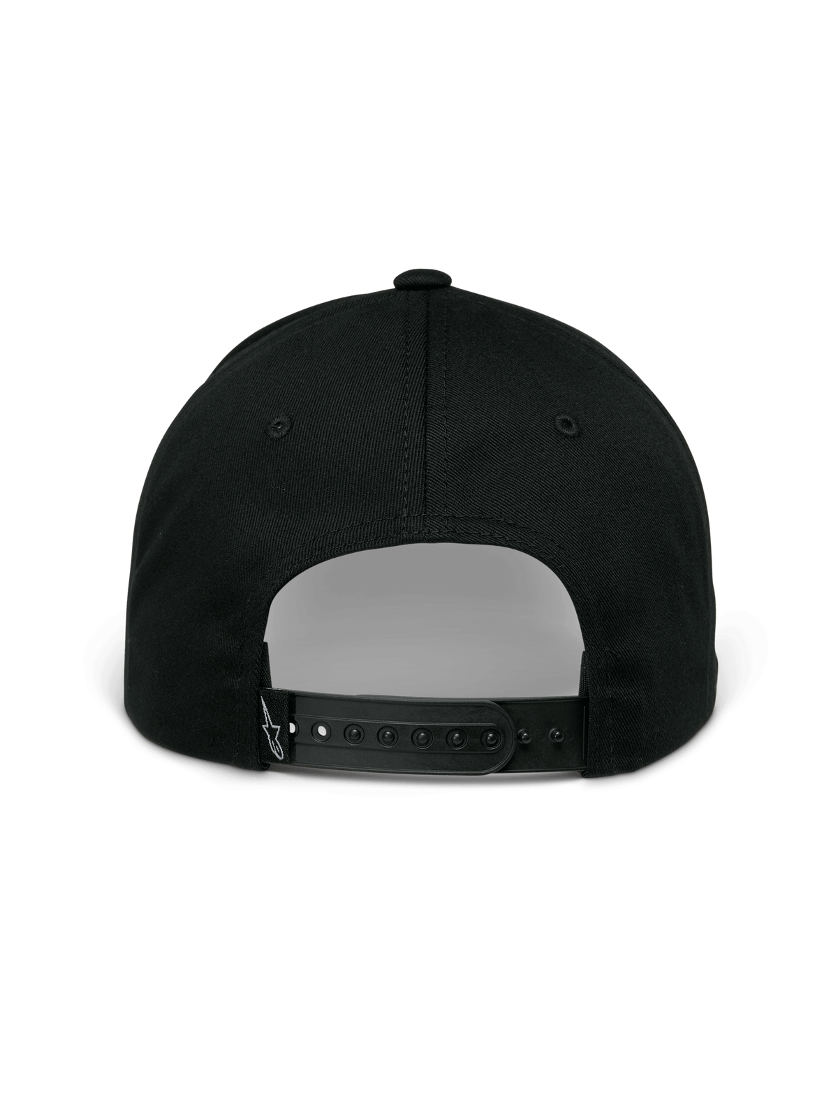 Alpinestars Profile Hat, czarna czapka, widok z tyłu ukazujący regulowane zapięcie snapback, strukturalna korona i małe białe haftowane logo na tylnym pasku, casualowa odzież sportowa
