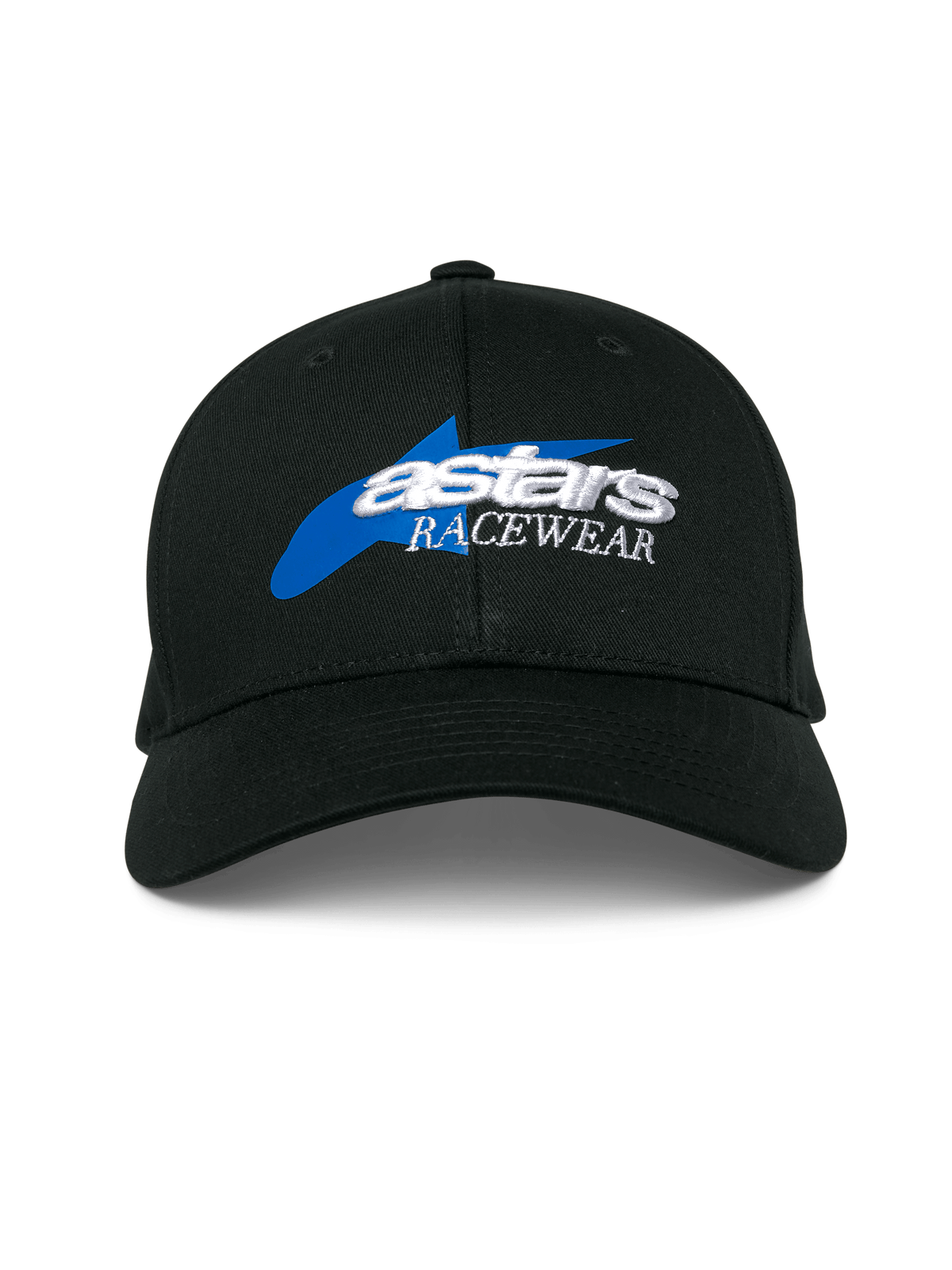 Alpinestars Profile Hat, czarna czapka z daszkiem, niebieska grafika gwiazdy z białym haftem 3D 'astars RACEWEAR', strukturalna korona i zakrzywiony daszek, casualowe nakrycie głowy w stylu motorsport