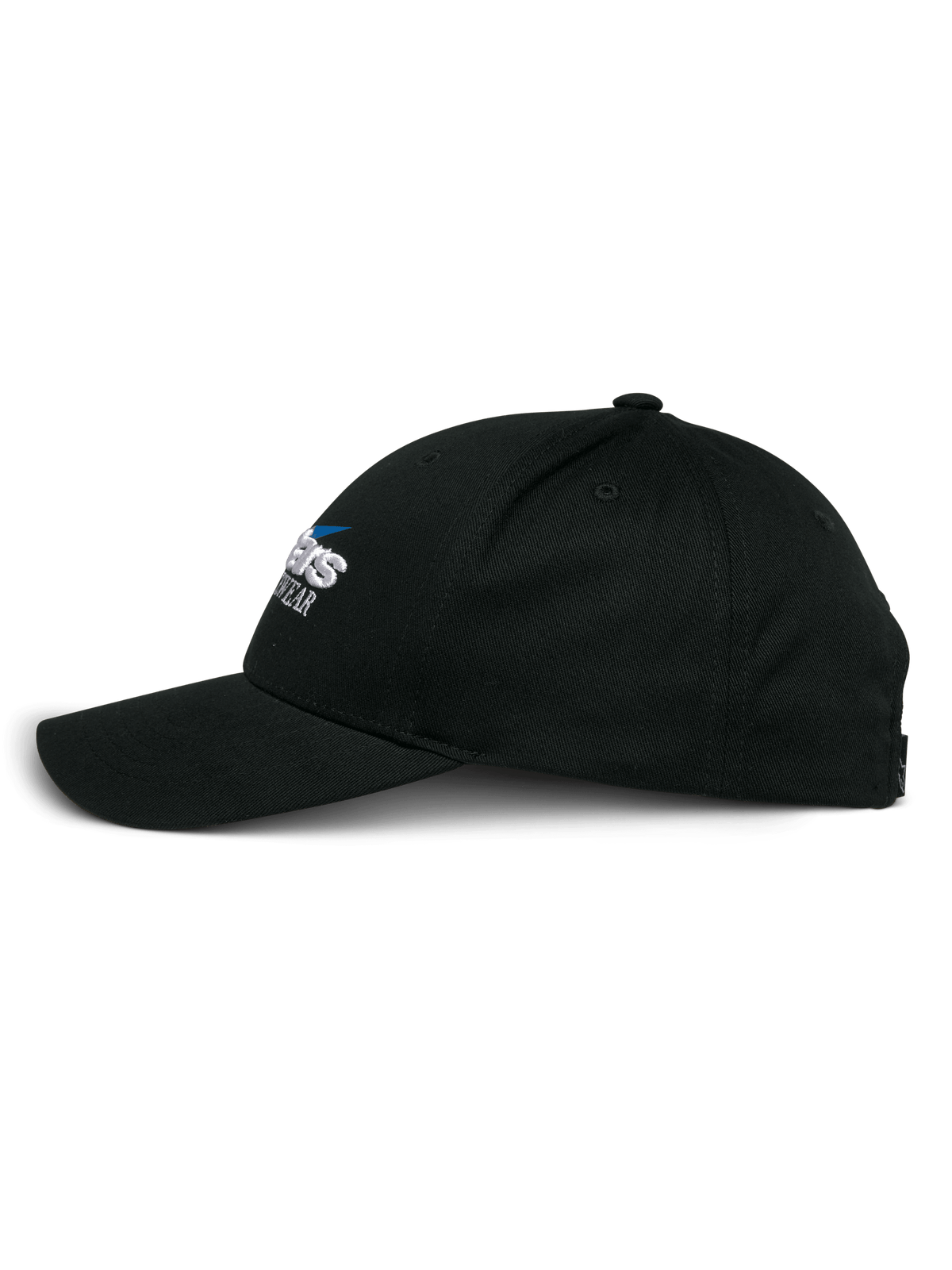 Czapka Alpinestars Profile, czarna czapka typu snapback, widok z boku, strukturalna korona z zakrzywionym daszkiem, haftowane logo Alpinestars, codzienne nakrycie głowy inspirowane motorsportem
