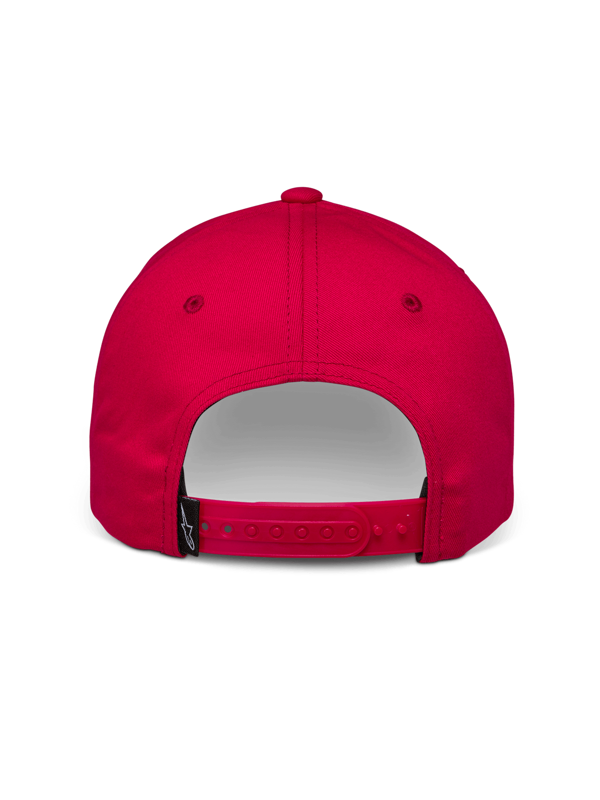 Alpinestars Profile Hat, Red Snapback Cap, Back View showing adjustable strap and small black Alpinestars logo tag, Cotton Twill, Casual Motorsport Accessory