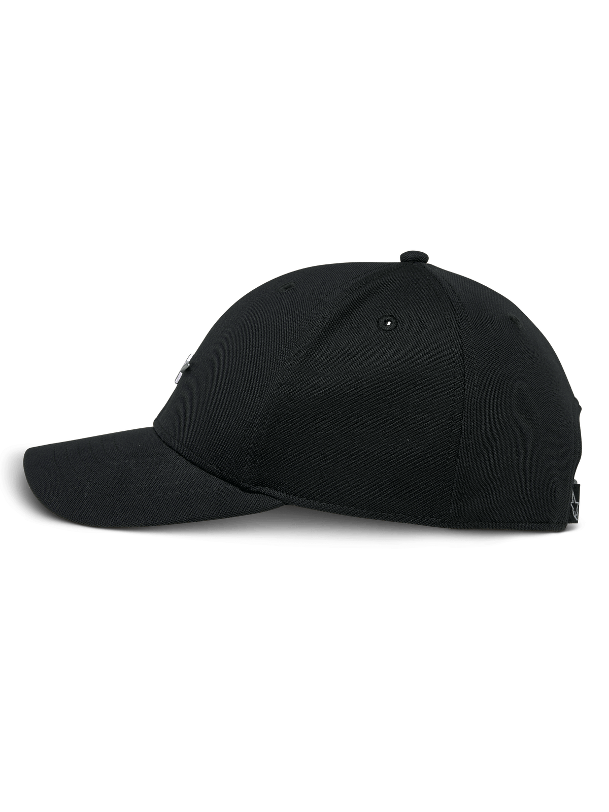 Czapka Alpinestars Metal Logo, czarna czapka typu snapback, widok z boku, zakrzywiony daszek i usztywniona korona, tkanina mini pique, codzienna odzież streetwear inspirowana sportami motorowymi