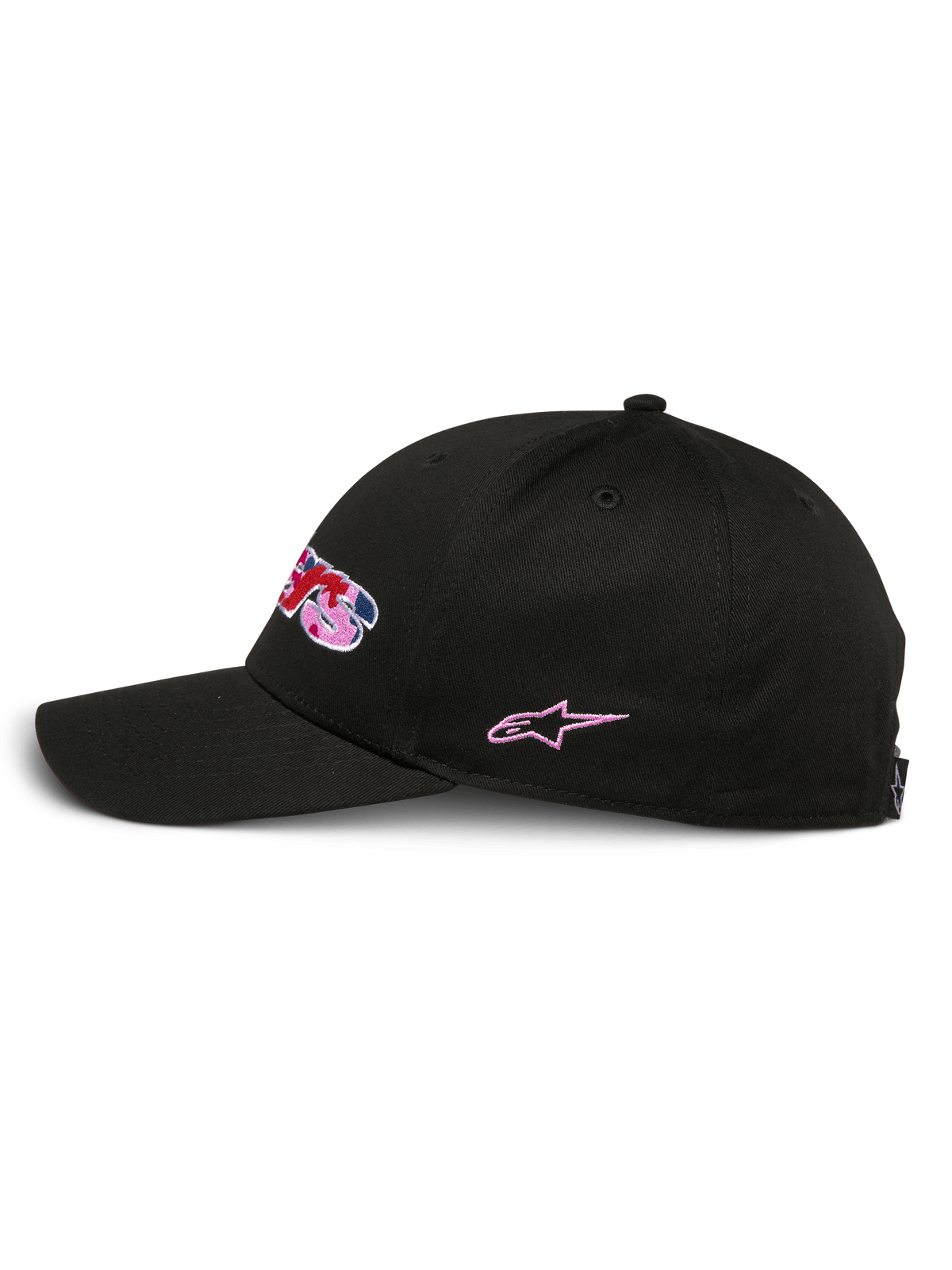 Alpinestars Canyon Hat, Black Snapback Hat, side profile view, structured crown with curved bill, embroidered front logo with camo fill and pink accents, side pink star embroidery, casual motorsport style