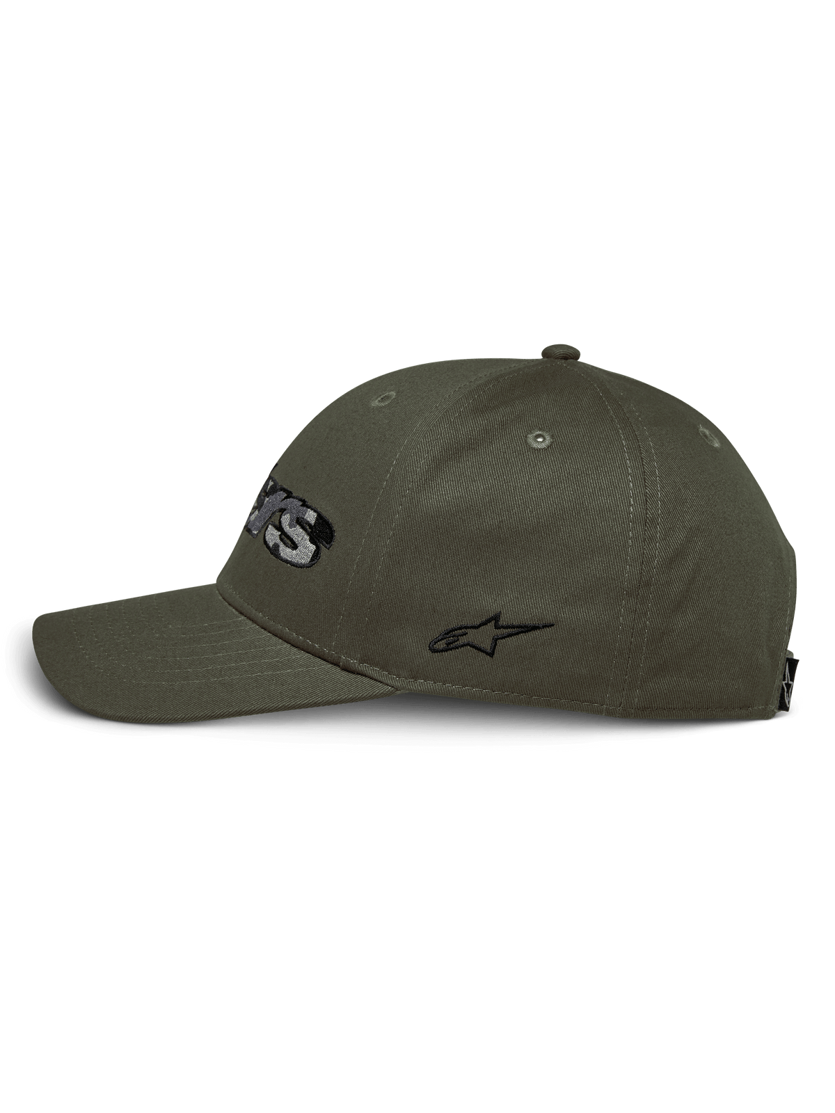 Alpinestars Canyon Hat, widok z boku, militarna zieleń, zakrzywiony daszek ze strukturalną koroną, bawełniany splot skośny, czarne haftowane logo z boku, codzienna odzież uliczna w stylu motorsport