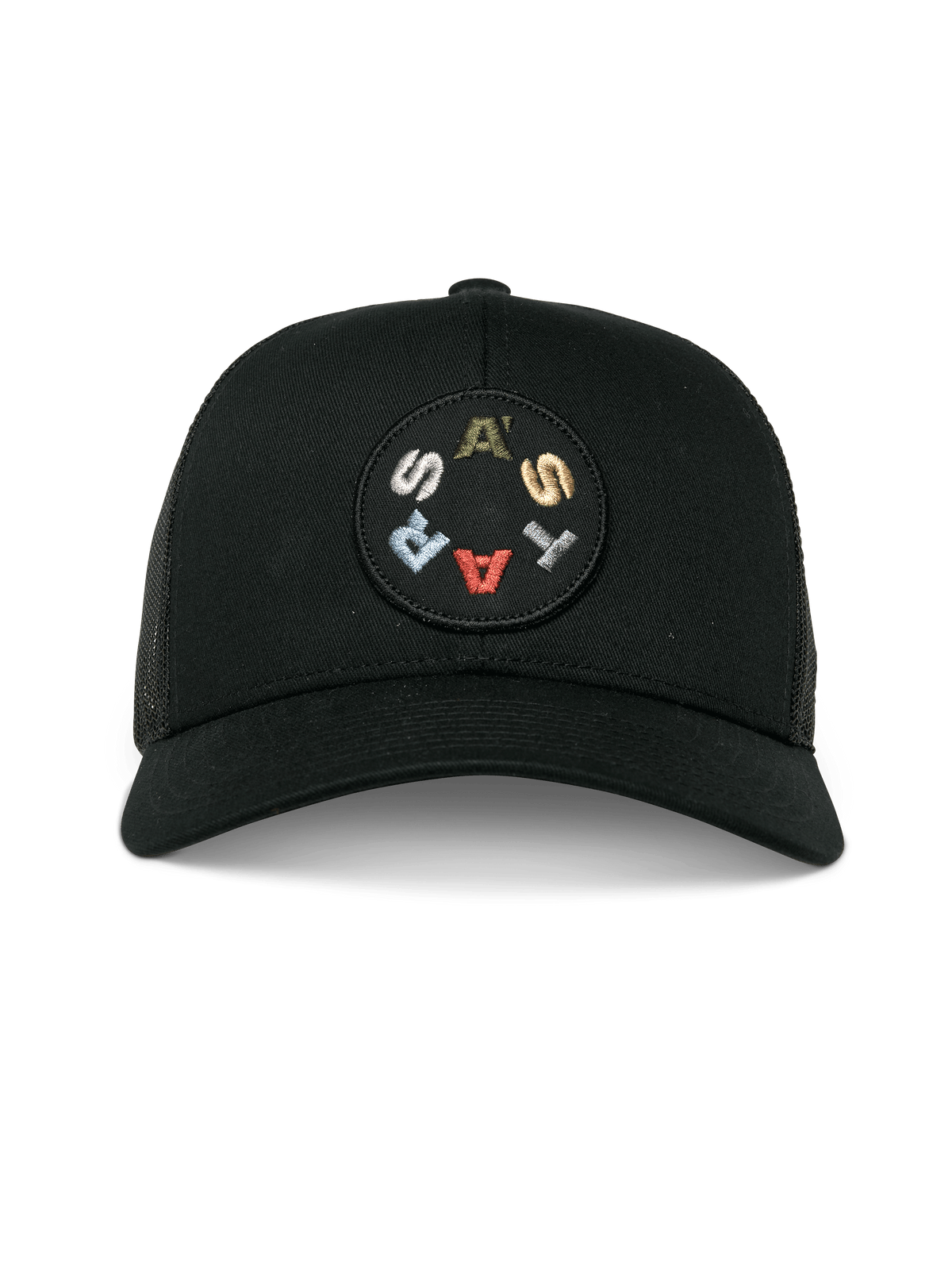 Alpinestars Gambit Trucker Hat, Black, front view featuring a circular embroidered patch with colorful ASTARS lettering, curved bill and mesh back, casual motorsport-inspired headwear
