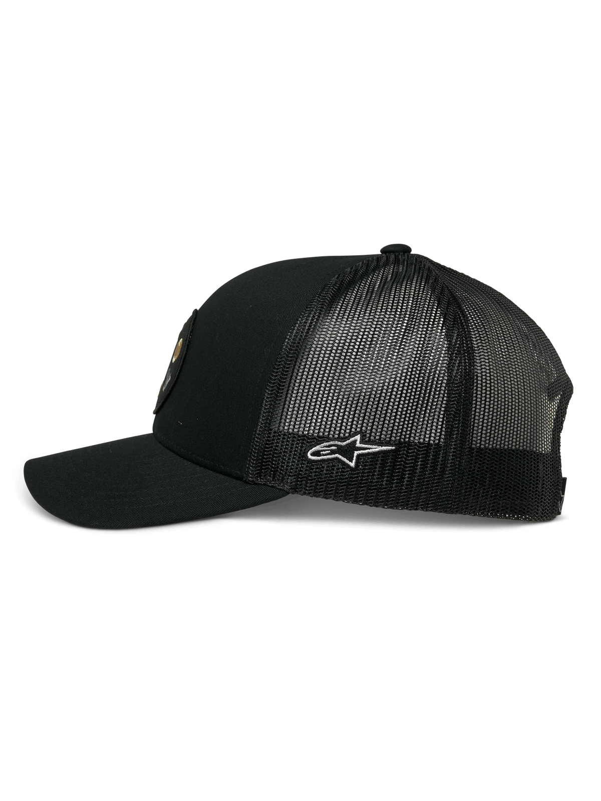 Alpinestars Gambit Trucker Hat, Black, side view showing curved bill and mesh back, white Alpinestars star logo on the side, casual motorsport-inspired headwear