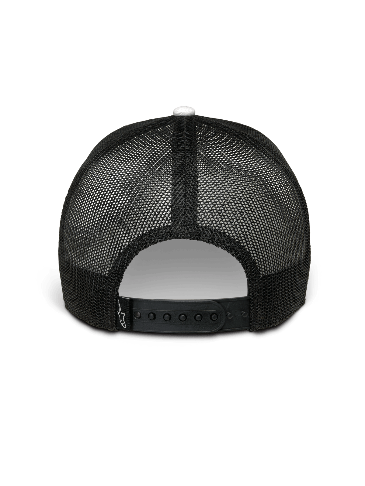 Alpinestars Hardware Trucker Hat, biało-czarna, widok z tyłu, czarny tył z poliestrowej siatki z regulowanym zapięciem typu snapback, małe białe logo Alpinestars na pasku, codzienna odzież streetwearowa inspirowana motorsportem