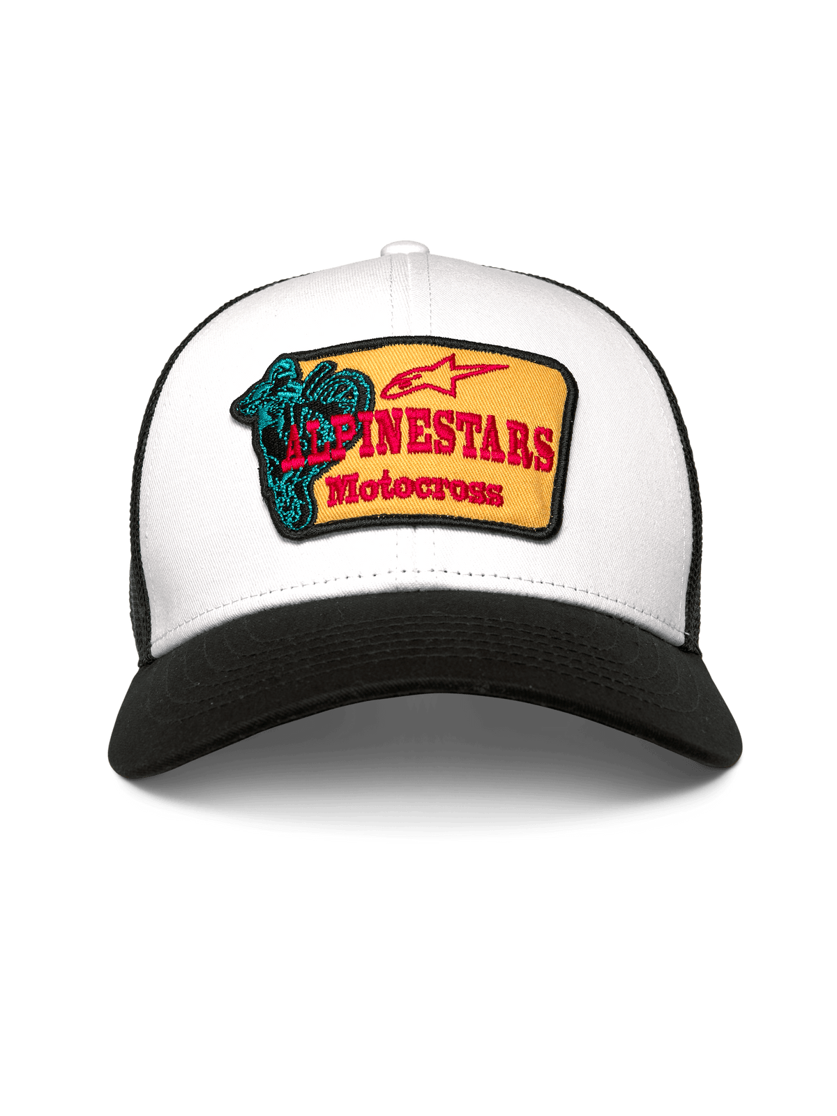 Alpinestars Hardware Trucker Hat, czapka typu trucker, biało-czarna, z żółtą haftowaną naszywką, czerwonym napisem Alpinestars Motocross i turkusową grafiką, zakrzywiony daszek i oddychająca siateczka z tyłu, codzienne nakrycie głowy inspirowane sportami motorowymi