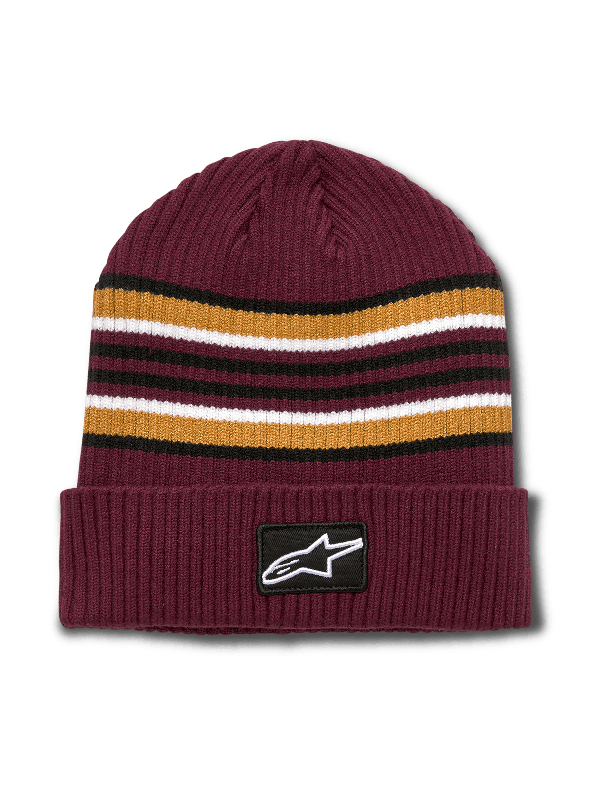 Alpinestars Bolted Cuff Beanie, bordowa czapka zimowa z prążkowanej dzianiny, poziome paski w kolorach złotym, czarnym i białym, wywinięty mankiet z tkaną naszywką z logo Alpinestars, sportowe nakrycie głowy
