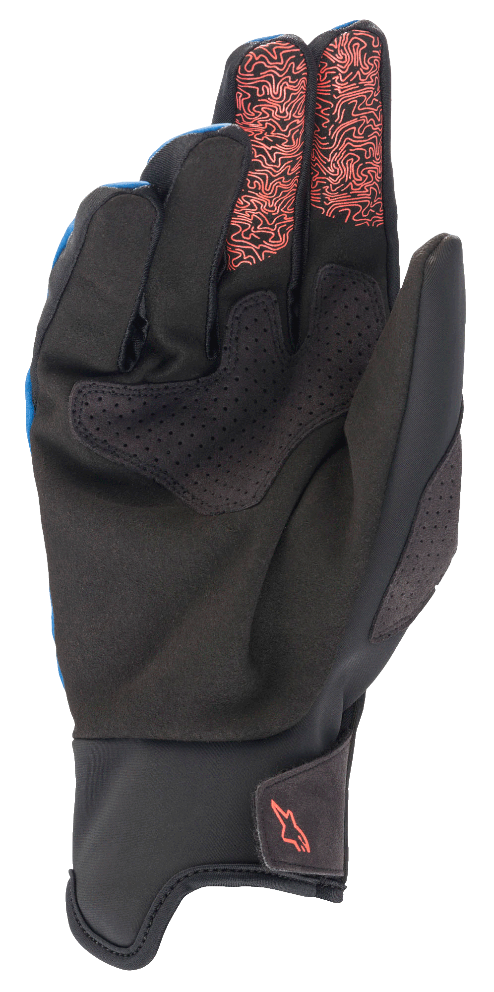 Alpinestars Denali 2 Gloves, rękawice MTB, kolor niebieski, czarny i koralowy fluo, widok od strony dłoni przedstawiający czarną syntetyczną skórę Clarino z perforowanymi detalami, koralowe wzory topograficzne na końcówkach palca wskazującego i środkowego oraz małe koralowe logo na mankiecie