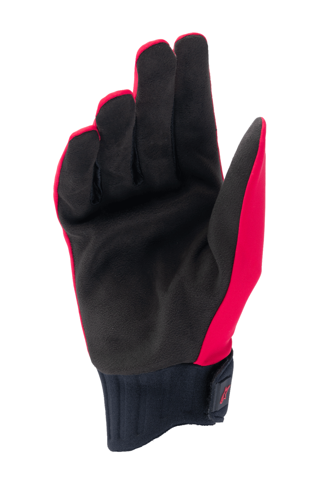 Alpinestars Stella A-Dura Rain Gloves, damskie rękawice rowerowe, czerwone fluo i czarne, widok dłoni z syntetycznego zamszu, prążkowany mankiet neoprenowy z zapięciem na rzep, wodoodporne