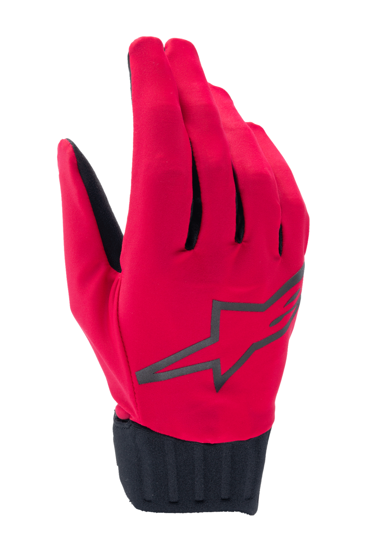 Alpinestars Stella A-Dura Rain Gloves, damskie rękawice przeciwdeszczowe MTB, czerwone fluo i czarne, z dużym czarnym logo gwiazdy, żebrowanym neoprenowym mankietem i wodoodporną konstrukcją do kolarstwa górskiego