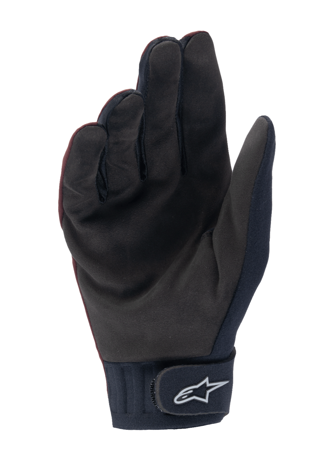 Rękawice Alpinestars Stella A-Dura Thermal, damskie rękawice MTB, ciemnobordowe i czarne, widok od strony dłoni ukazujący syntetyczny zamsz, neoprenowy mankiet z zapięciem na rzep i białym logo Alpinestars, zaprojektowane do jazdy na rowerze w chłodne dni