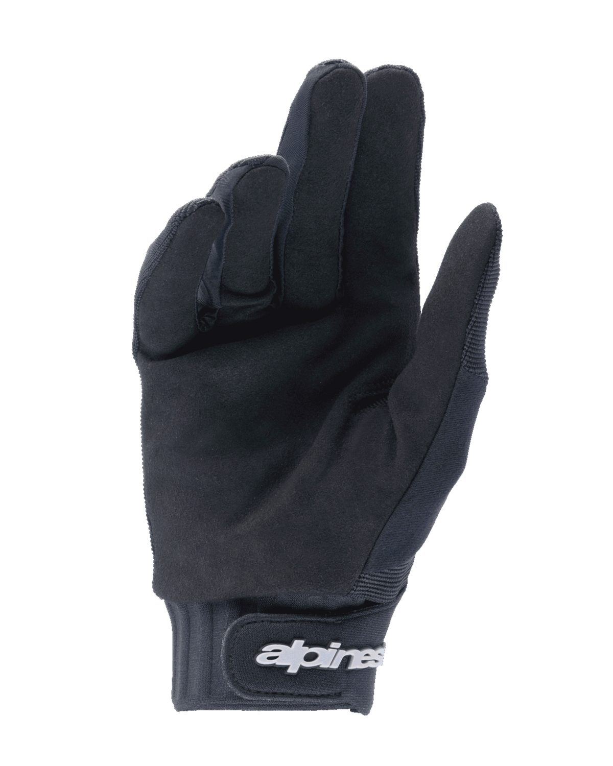 Alpinestars Youth A-Dura Gloves, czarne rękawice, widok od strony dłoni z syntetycznego zamszu dla lepszego chwytu, neoprenowy mankiet z zapięciem na rzep i białym logo, przeznaczone do jazdy MTB i terenowej dla młodzieży