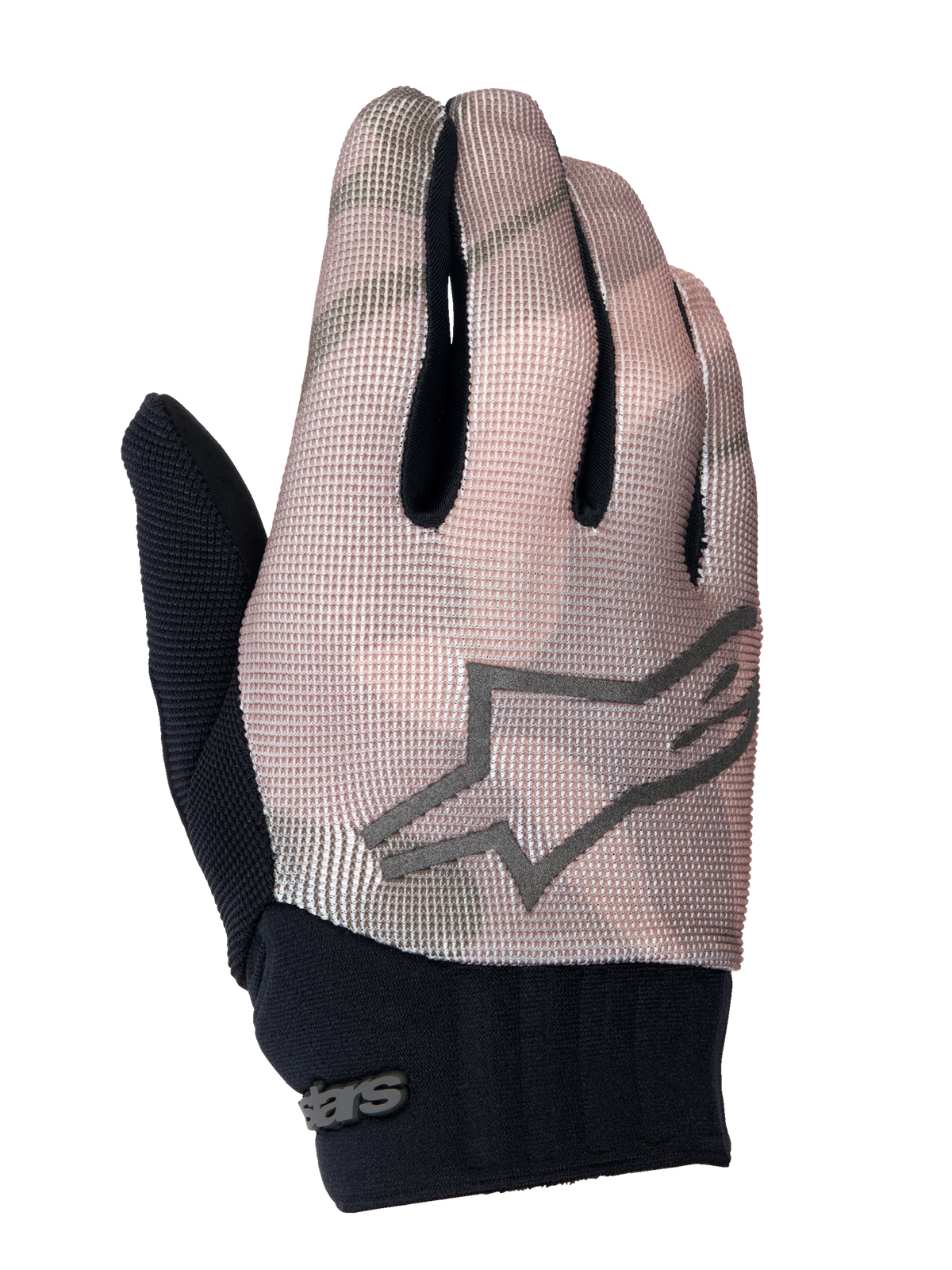 Alpinestars Youth A-Dura Gloves, młodzieżowe rękawice rowerowe MTB, brązowy kamuflaż i czarny, szare logo gwiazdy na wierzchu, czarny neoprenowy mankiet, oddychająca tekstylna góra dla młodych rowerzystów